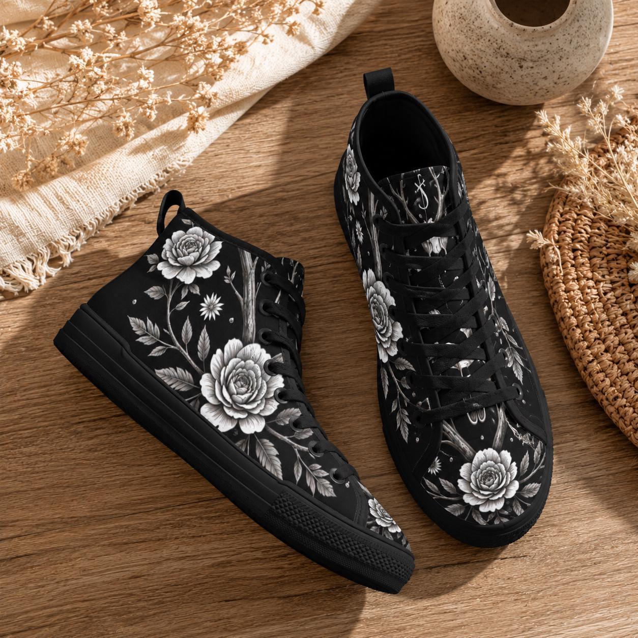 Gothic Floral High Top Sneakers, Black Rose Lace Up Canvas Shoes