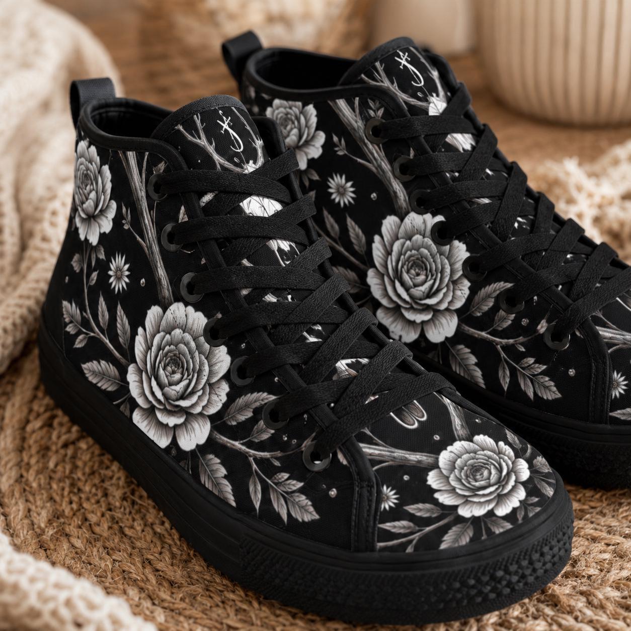 Gothic Floral High Top Sneakers, Black Rose Lace Up Canvas Shoes
