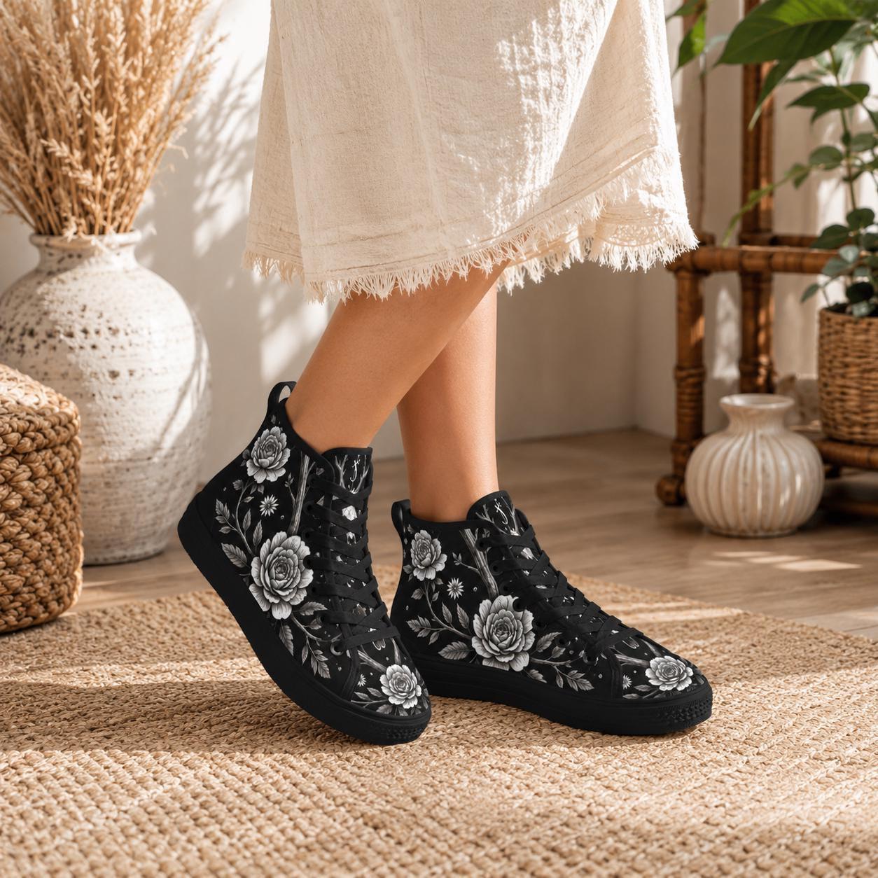 Gothic Floral High Top Sneakers, Black Rose Lace Up Canvas Shoes