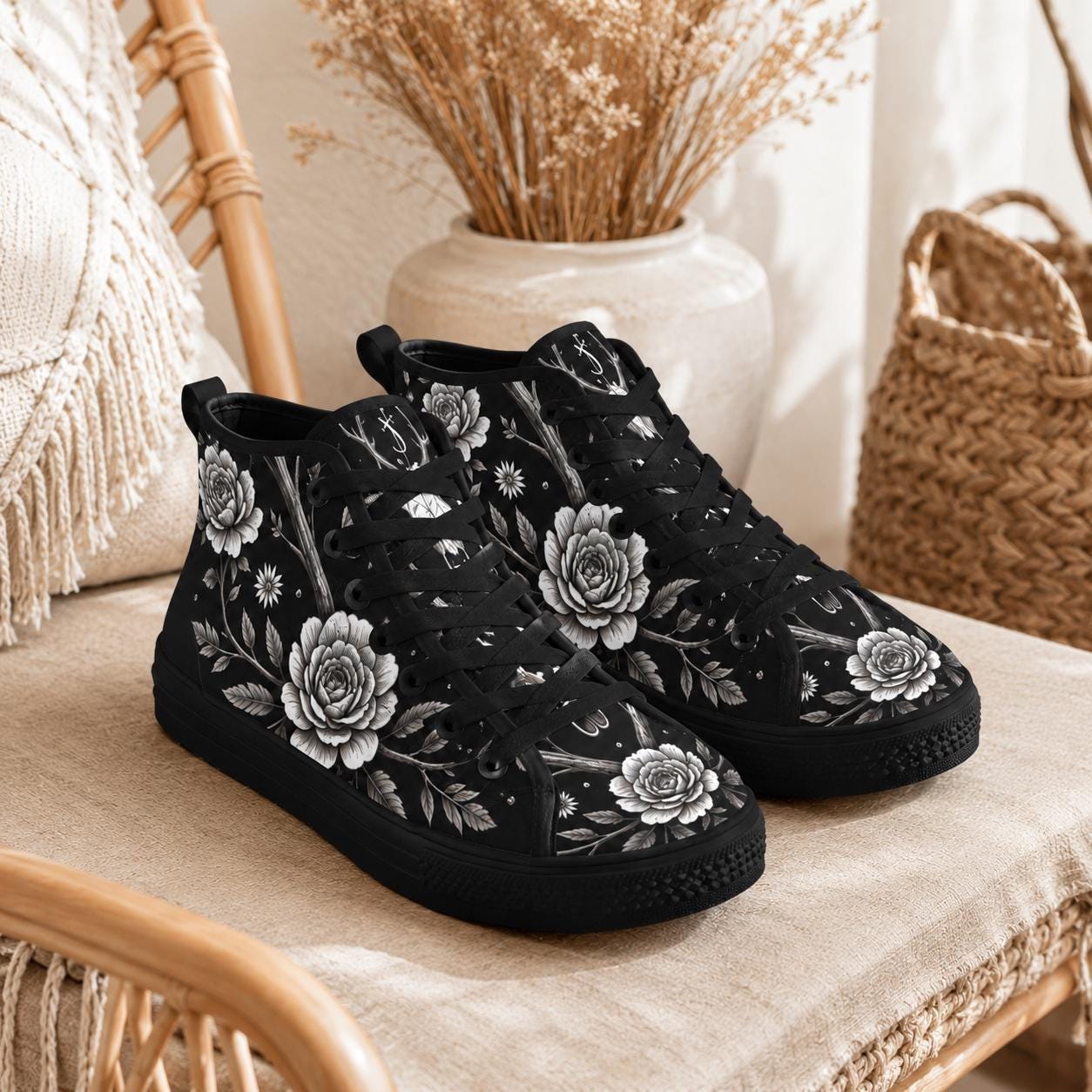 Gothic Floral High Top Sneakers, Black Rose Lace Up Canvas Shoes
