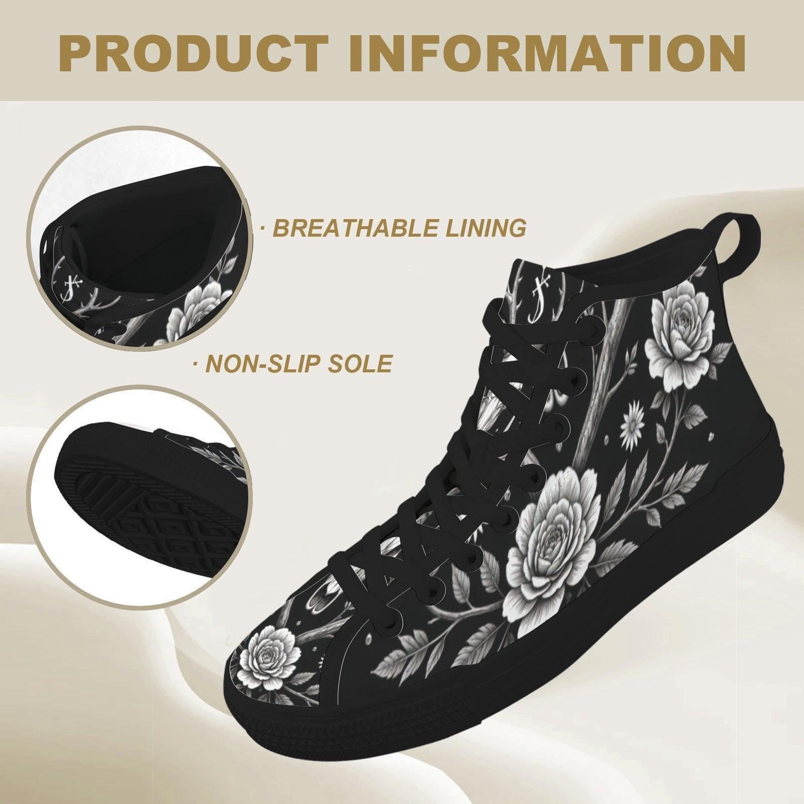Gothic Floral High Top Sneakers, Black Rose Lace Up Canvas Shoes