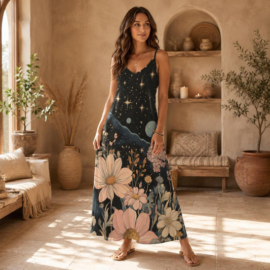 Cosmic flower garden dress, galaxy print maxi sundress, boho moon floral gown, celestial starry night outfit