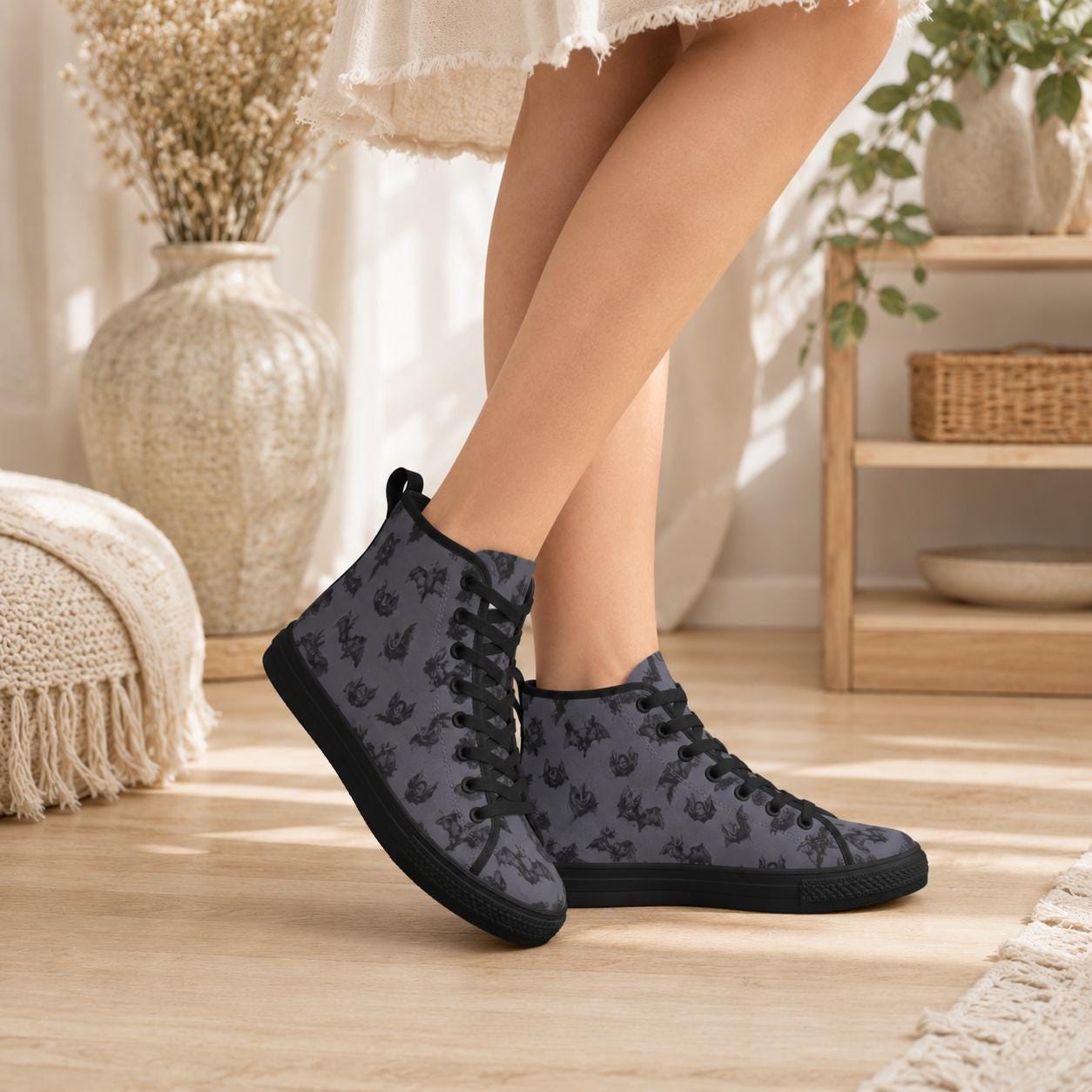 Gothic High Top Sneakers, Charcoal Dark Botanical Print Canvas Trainers