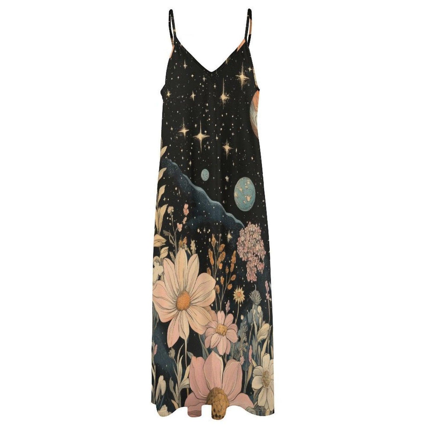 Cosmic flower garden dress, galaxy print maxi sundress, boho moon floral gown, celestial starry night outfit