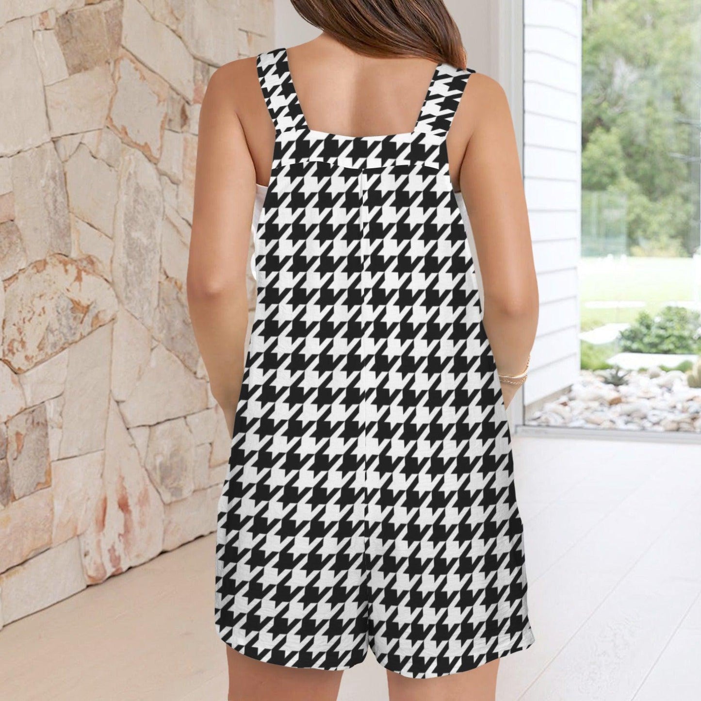 Houndstooth Overall Romper, Black White Checker Short Jumpsuit, Retro Streetwear