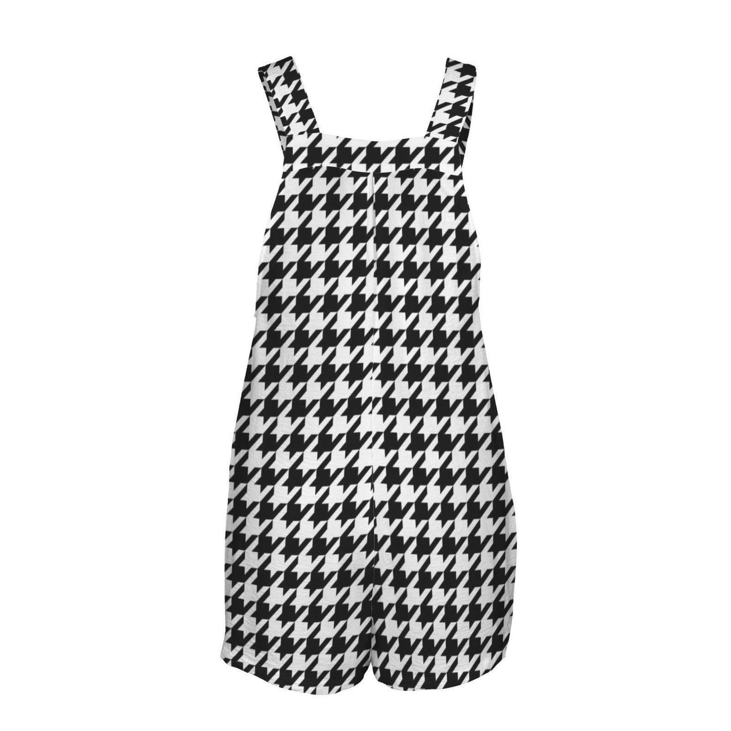 Houndstooth Overall Romper, Black White Checker Short Jumpsuit, Retro Streetwear