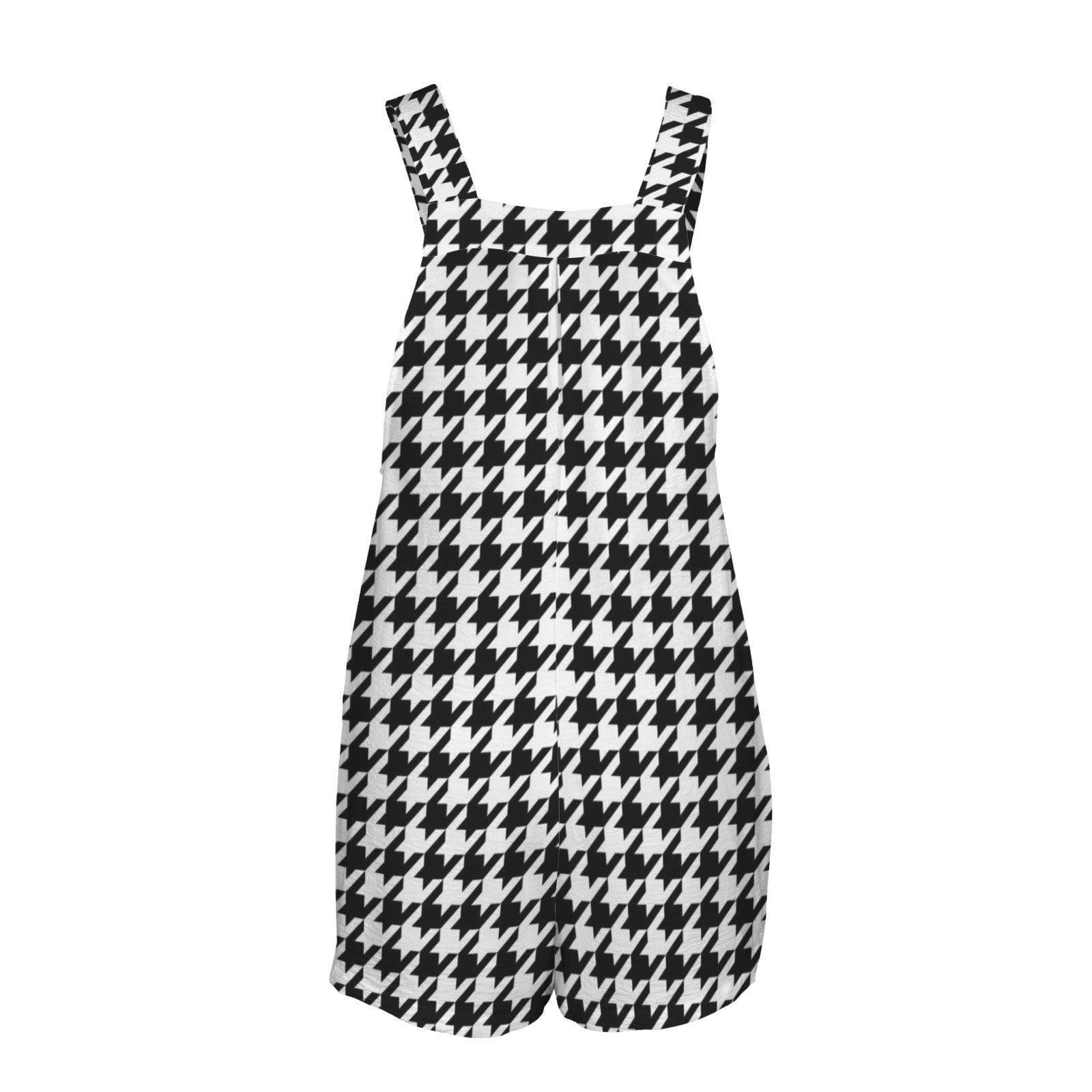Houndstooth Overall Romper, Black White Checker Short Jumpsuit, Retro Streetwear