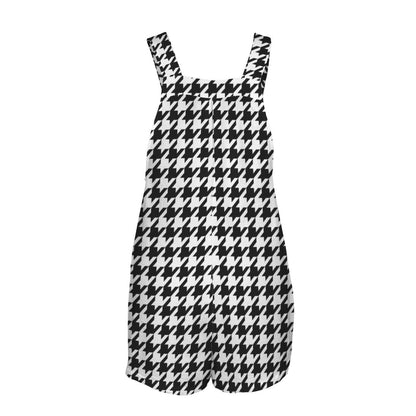 Houndstooth Overall Romper, Black White Checker Short Jumpsuit, Retro Streetwear