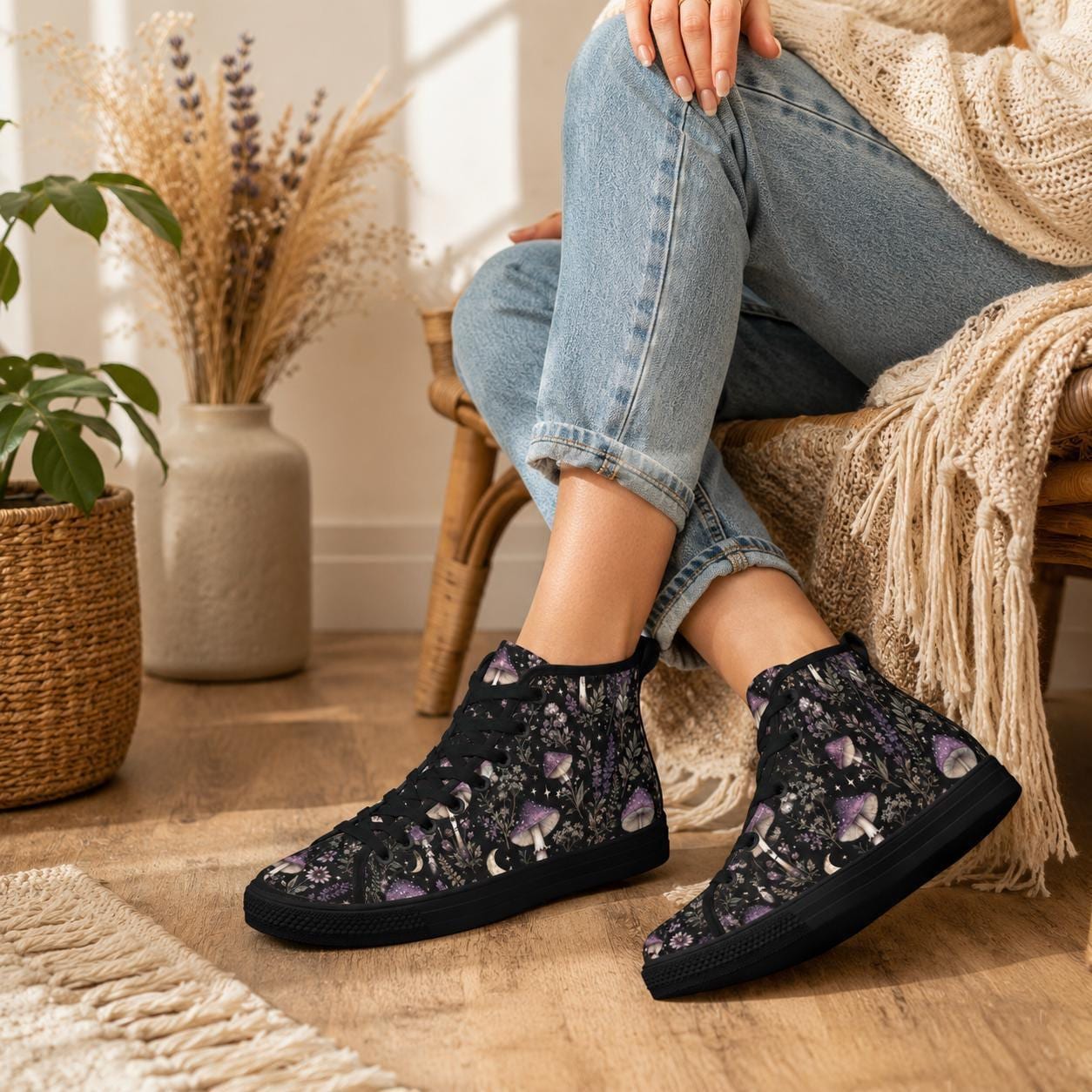 Mushroom Moon High Top Canvas Sneakers, Witchy Forest Print Lace Up Shoes
