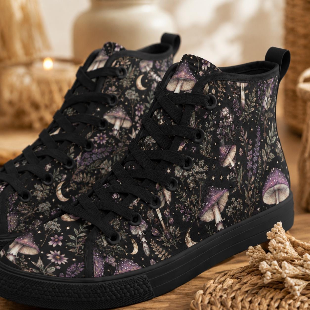Mushroom Moon High Top Canvas Sneakers, Witchy Forest Print Lace Up Shoes