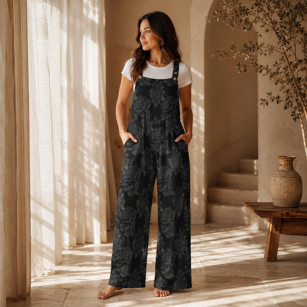 Gothic Floral Wide Leg Jumpsuit, Dark Rose Print Overalls With Pockets