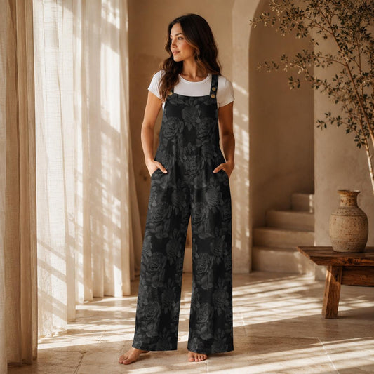 Gothic Floral Wide Leg Jumpsuit, Dark Rose Print Overalls With Pockets