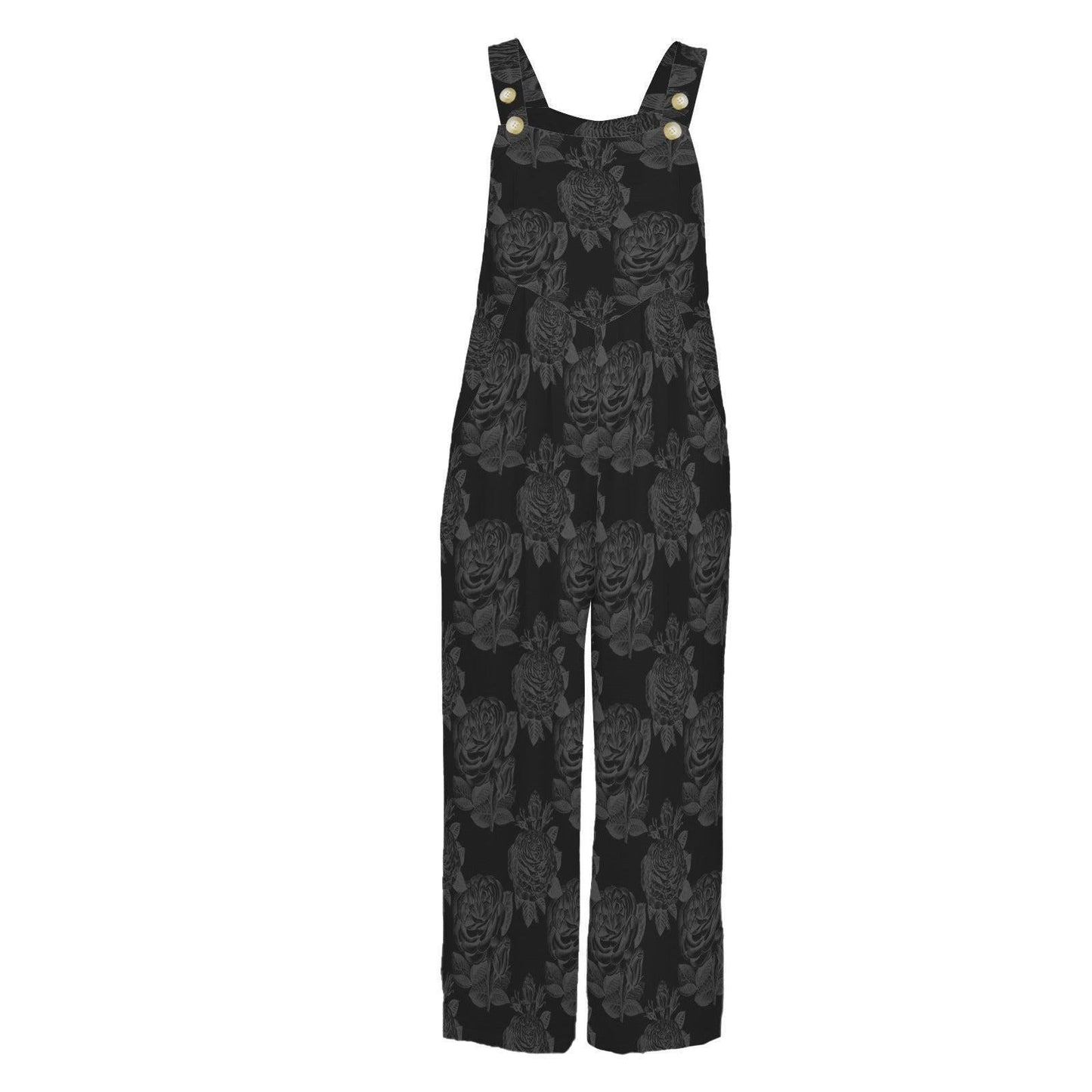 Gothic Floral Wide Leg Jumpsuit, Dark Rose Print Overalls With Pockets