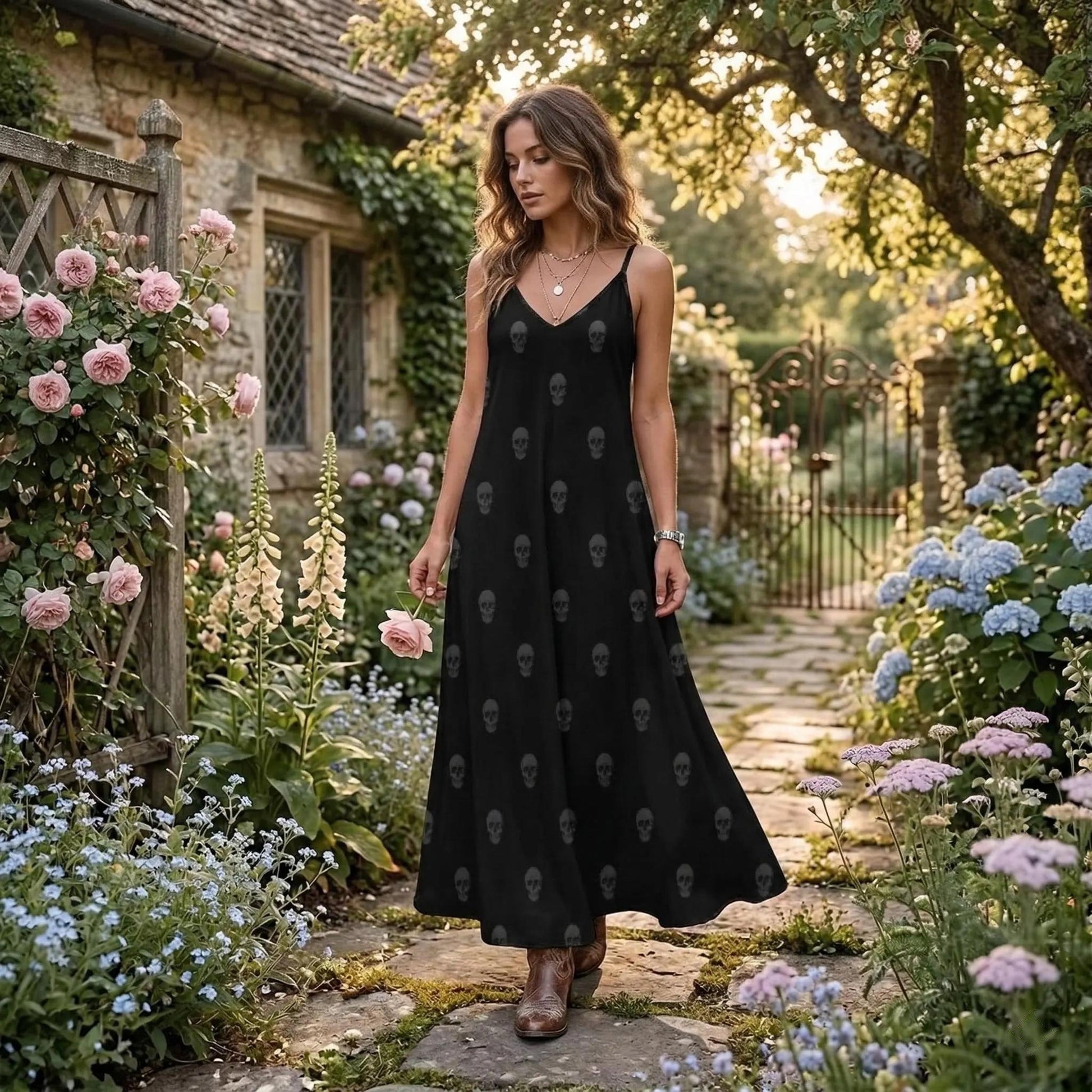 Black skull print maxi dress, spooky boho sundress, goth slip dress, Halloween casual summer outfit