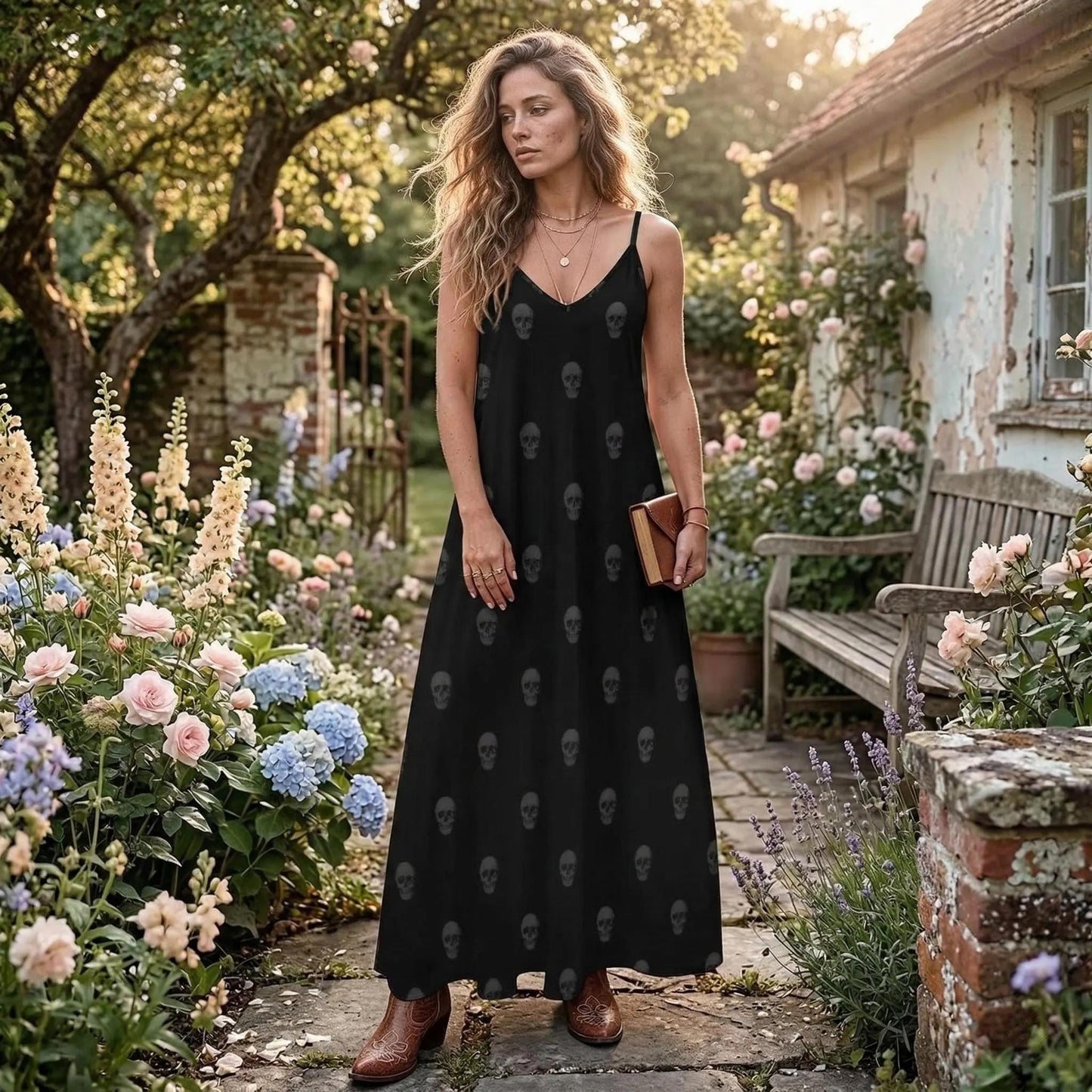Black skull print maxi dress, spooky boho sundress, goth slip dress, Halloween casual summer outfit