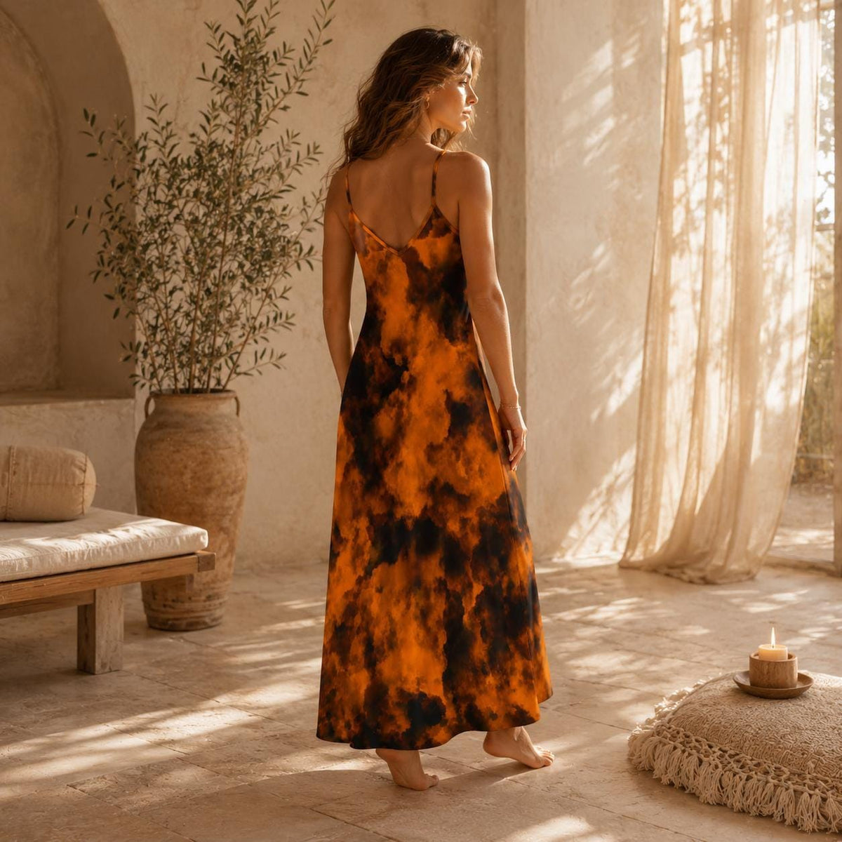 Halloween Maxi Dress, Orange Black Tie Dye Slip Dress, Witchy Fall Outfit for Women
