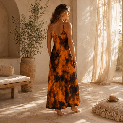 Halloween Maxi Dress, Orange Black Tie Dye Slip Dress, Witchy Fall Outfit for Women