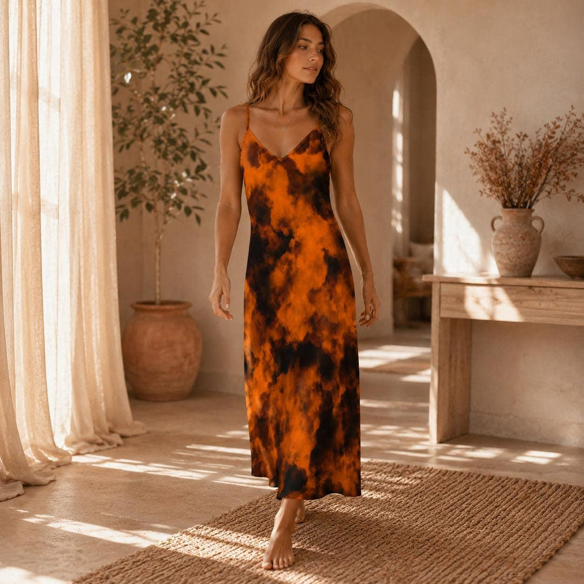 Halloween Maxi Dress, Orange Black Tie Dye Slip Dress, Witchy Fall Outfit for Women