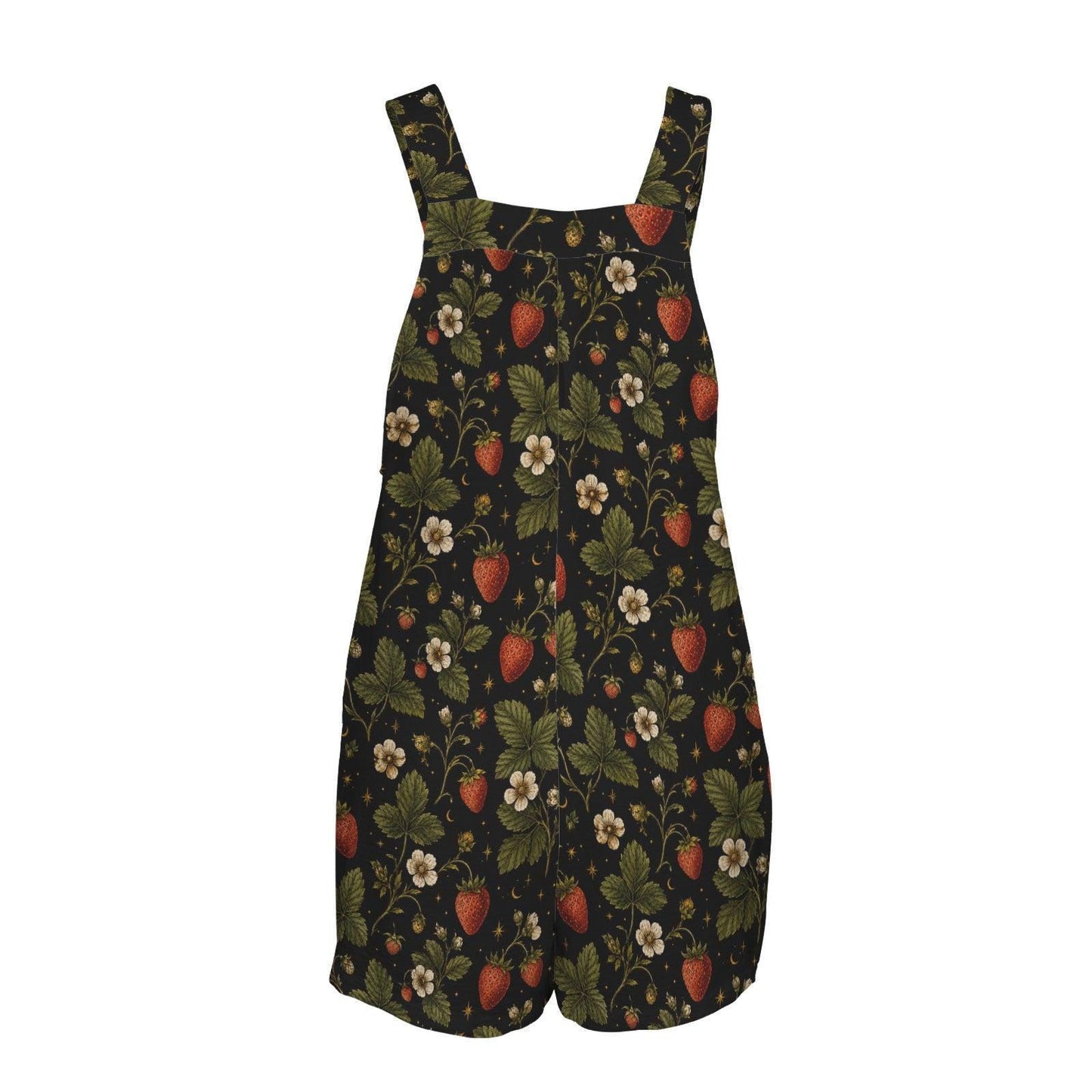 Strawberry Botanical Print Shortalls, Cottagecore Button Strap Summer Playsuit