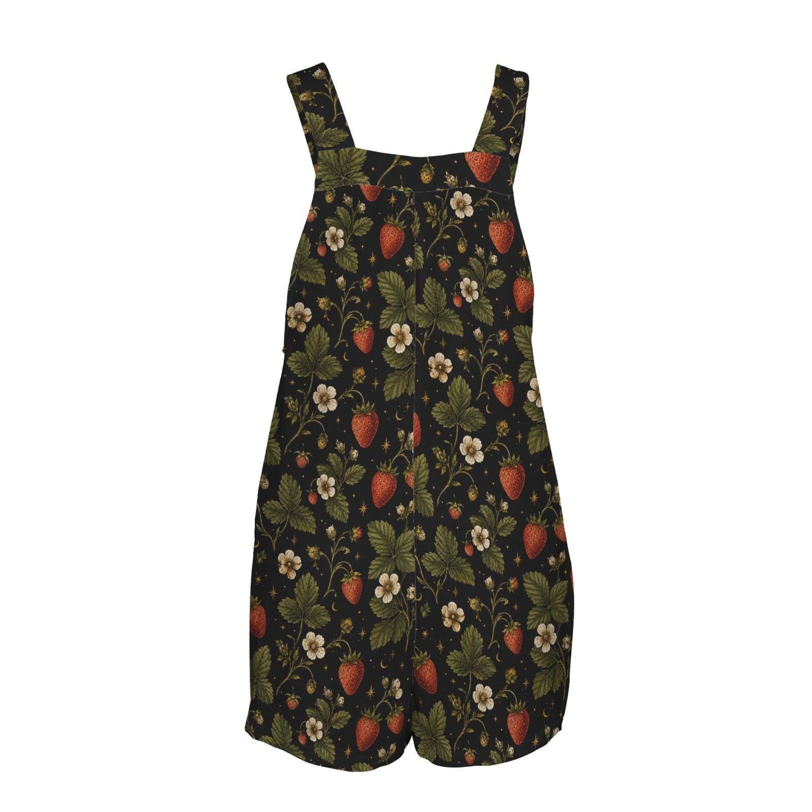 Strawberry Botanical Print Shortalls, Cottagecore Button Strap Summer Playsuit