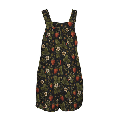 Strawberry Botanical Print Shortalls, Cottagecore Button Strap Summer Playsuit