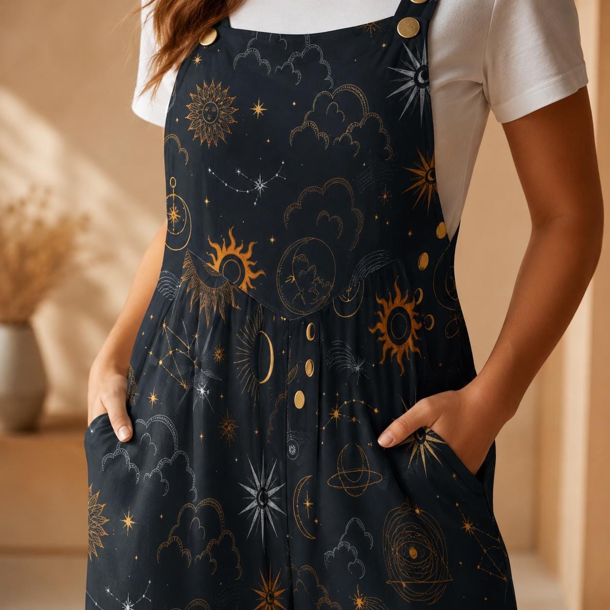 Celestial Wide Leg Jumpsuit, Black Moon Sun Astrology Print Overalls