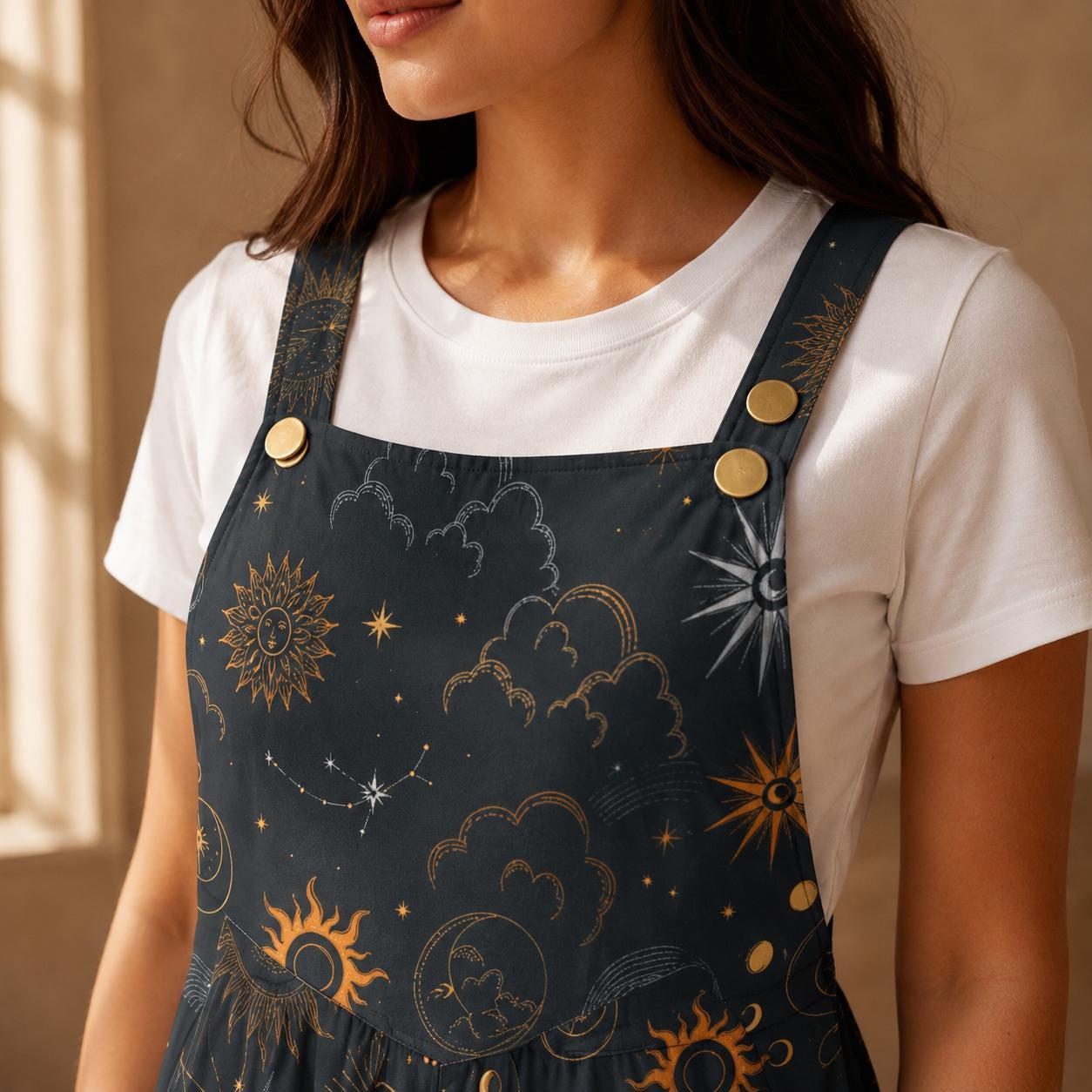 Celestial Wide Leg Jumpsuit, Black Moon Sun Astrology Print Overalls