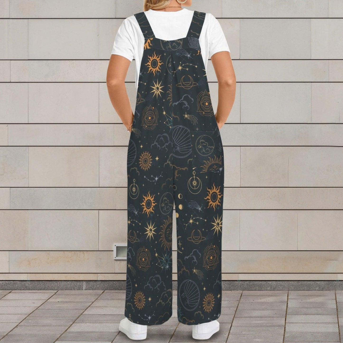 Celestial Wide Leg Jumpsuit, Black Moon Sun Astrology Print Overalls