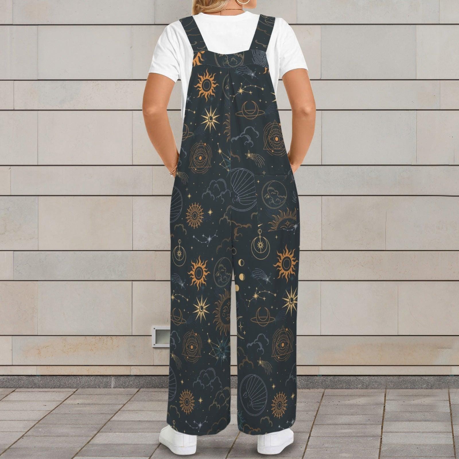 Celestial Wide Leg Jumpsuit, Black Moon Sun Astrology Print Overalls