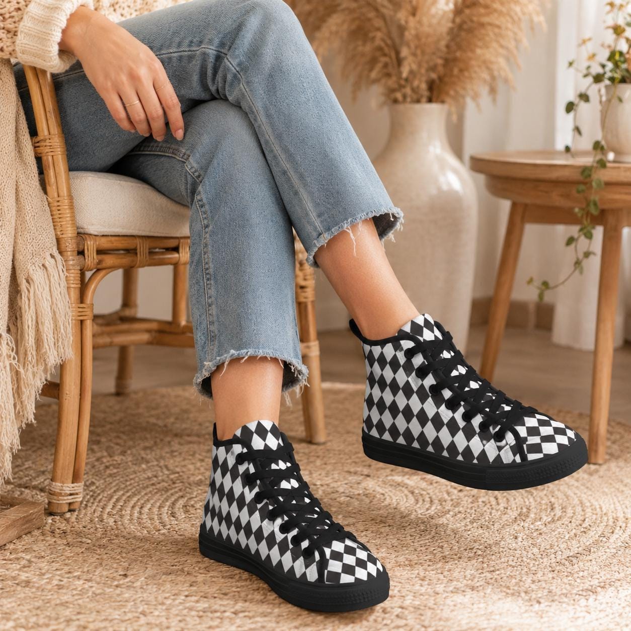 Black White Checkered High Top Canvas Sneakers, Skater Streetwear Lace Up Shoes