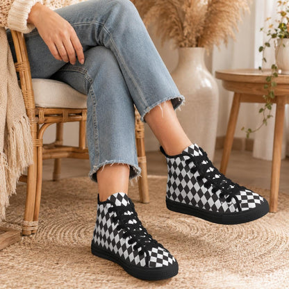 Black White Checkered High Top Canvas Sneakers, Skater Streetwear Lace Up Shoes