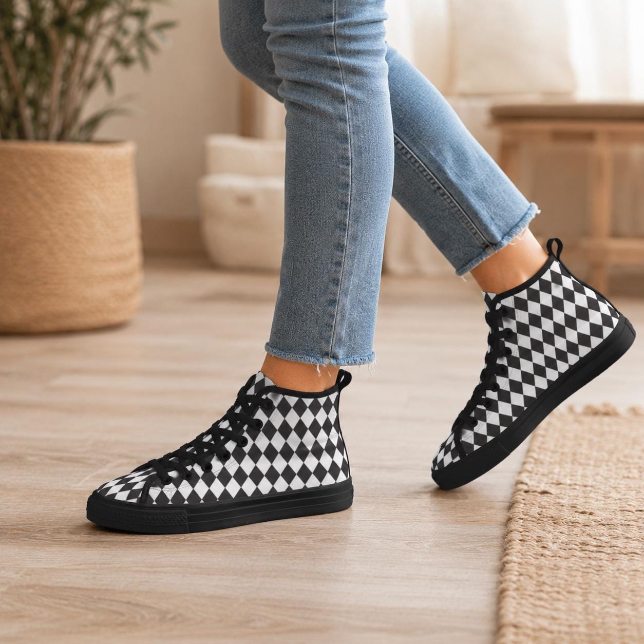 Black White Checkered High Top Canvas Sneakers, Skater Streetwear Lace Up Shoes