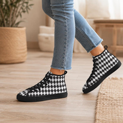 Black White Checkered High Top Canvas Sneakers, Skater Streetwear Lace Up Shoes