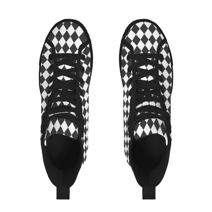 Black White Checkered High Top Canvas Sneakers, Skater Streetwear Lace Up Shoes