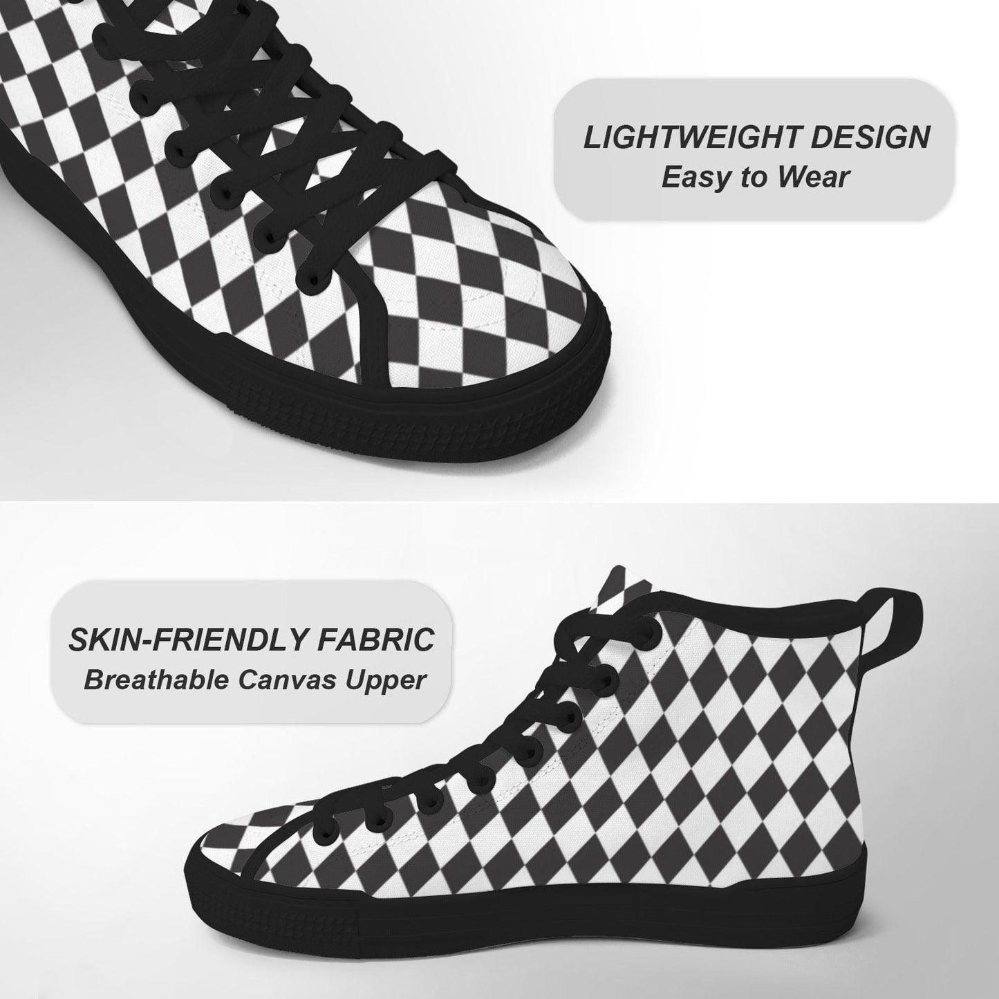 Black White Checkered High Top Canvas Sneakers, Skater Streetwear Lace Up Shoes