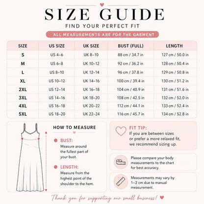 The image is a guide that provides size recommendations for different types of dresses, including bust and length measurements. It also provides tips on how to measure for a perfect fit.