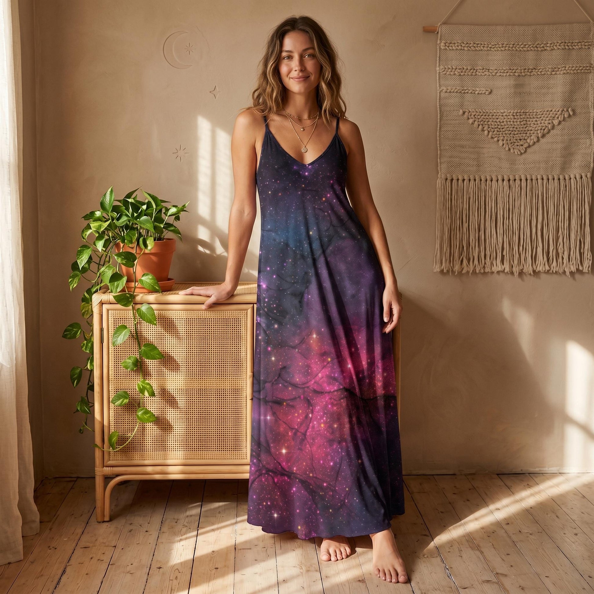 Purple Nebula Maxi Dress, Cosmic Starfield Festival Outfit, Spacecore Summer Sundress