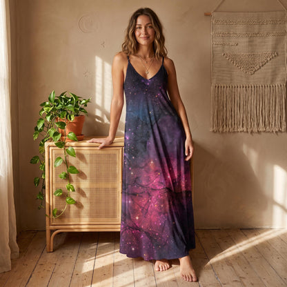 Purple Nebula Maxi Dress, Cosmic Starfield Festival Outfit, Spacecore Summer Sundress