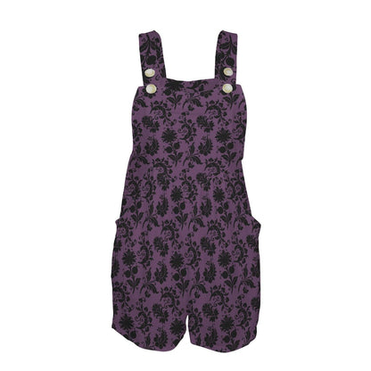 Gothic Damask Overall Romper, Purple Black Floral Short Jumpsuit with Pockets
