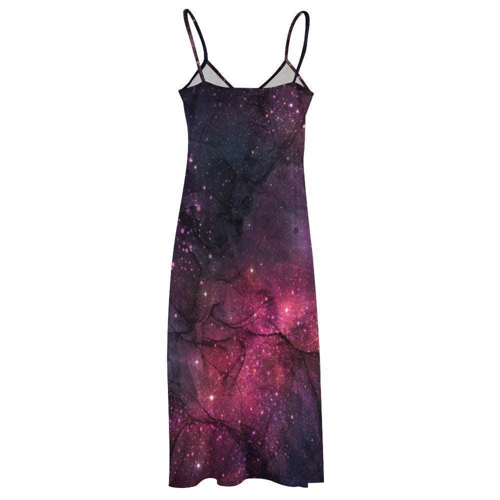 Purple Nebula Maxi Dress, Cosmic Starfield Festival Outfit, Spacecore Summer Sundress