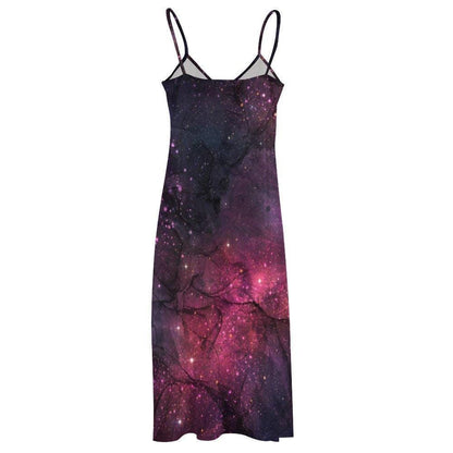 Purple Nebula Maxi Dress, Cosmic Starfield Festival Outfit, Spacecore Summer Sundress