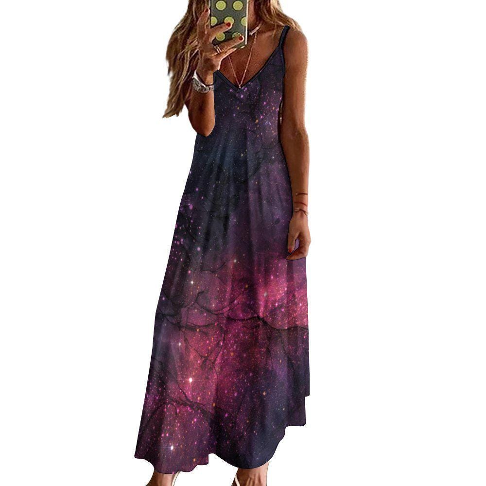 Purple Nebula Maxi Dress, Cosmic Starfield Festival Outfit, Spacecore Summer Sundress