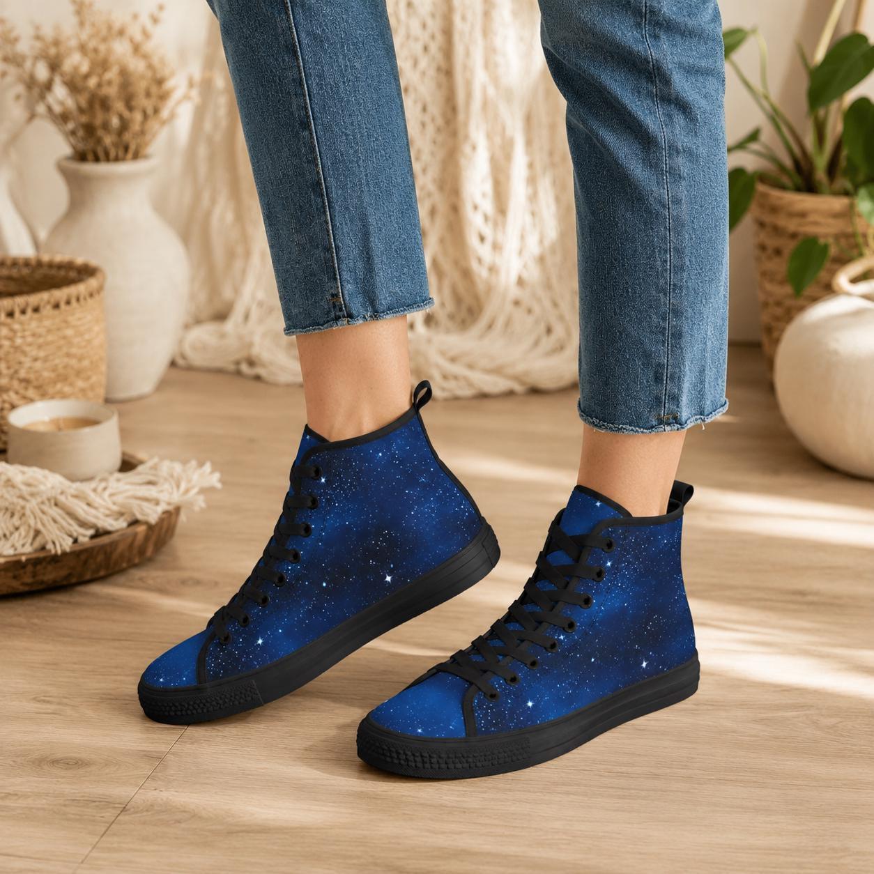 Celestial High Top Sneakers, Blue Galaxy Print Lace Up Shoes, Cosmic Space Canvas Style