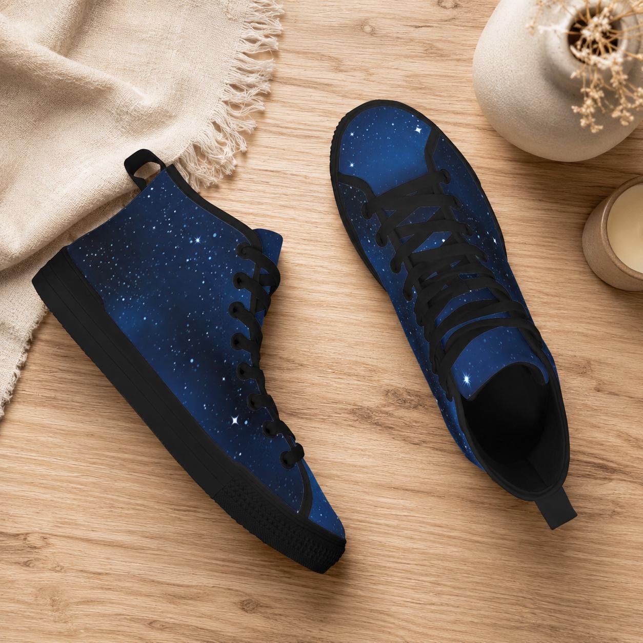 Celestial High Top Sneakers, Blue Galaxy Print Lace Up Shoes, Cosmic Space Canvas Style