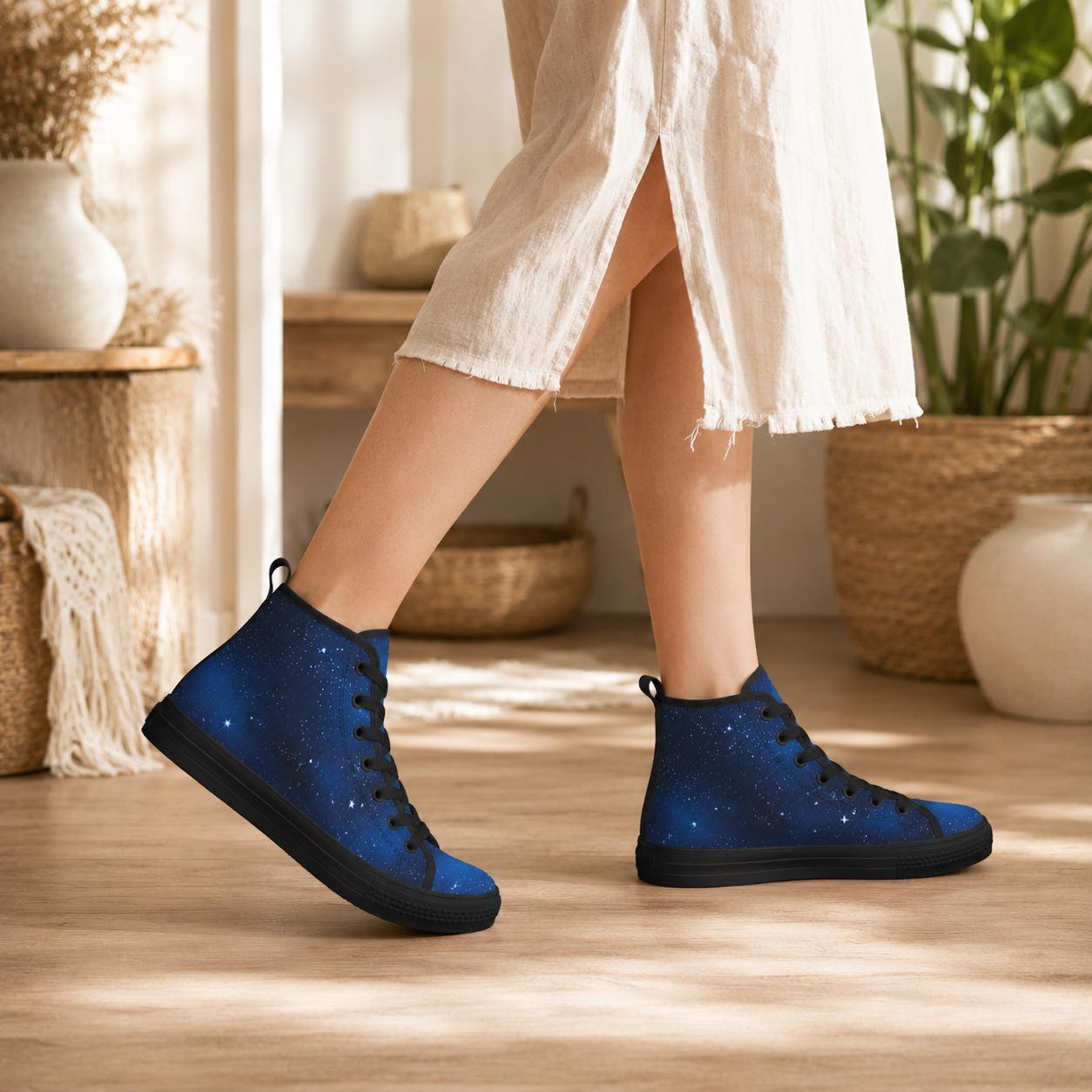 Celestial High Top Sneakers, Blue Galaxy Print Lace Up Shoes, Cosmic Space Canvas Style