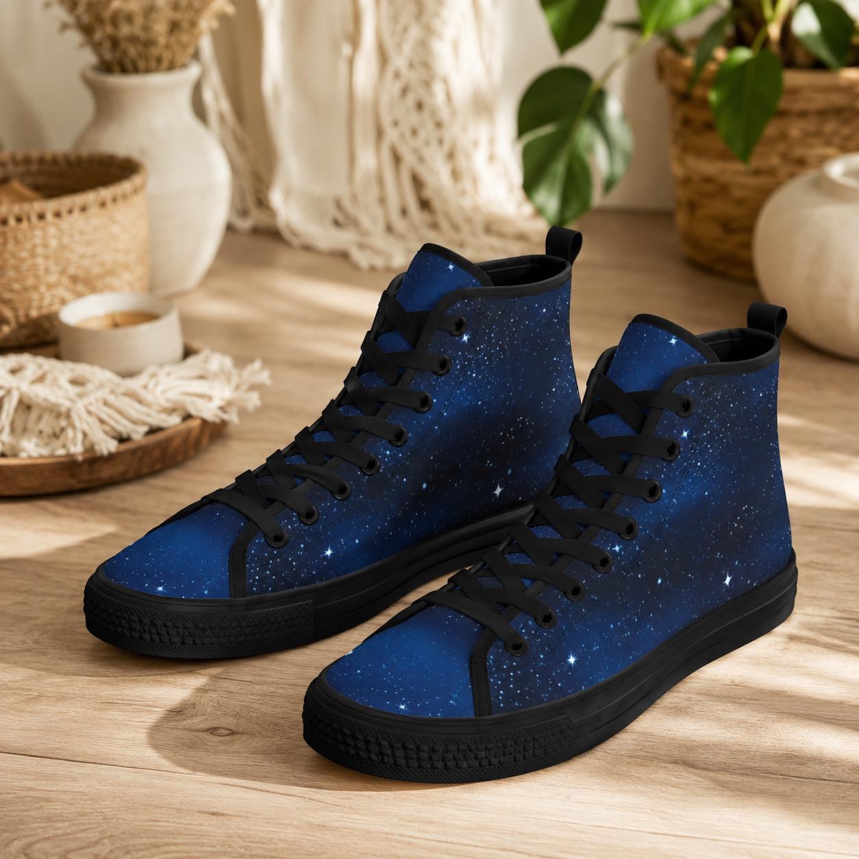 Celestial High Top Sneakers, Blue Galaxy Print Lace Up Shoes, Cosmic Space Canvas Style