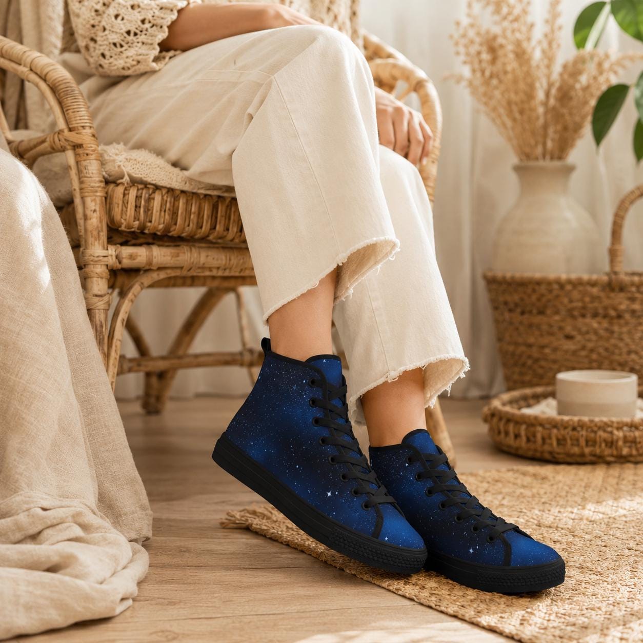 Celestial High Top Sneakers, Blue Galaxy Print Lace Up Shoes, Cosmic Space Canvas Style