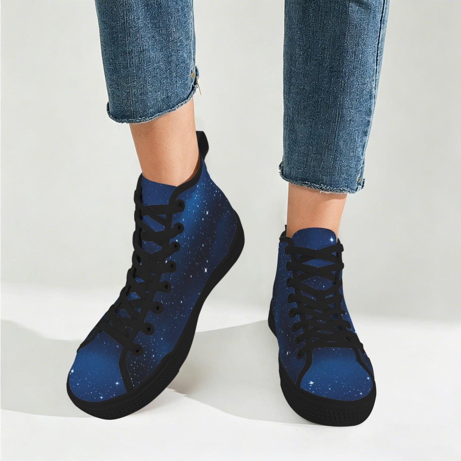 Celestial High Top Sneakers, Blue Galaxy Print Lace Up Shoes, Cosmic Space Canvas Style
