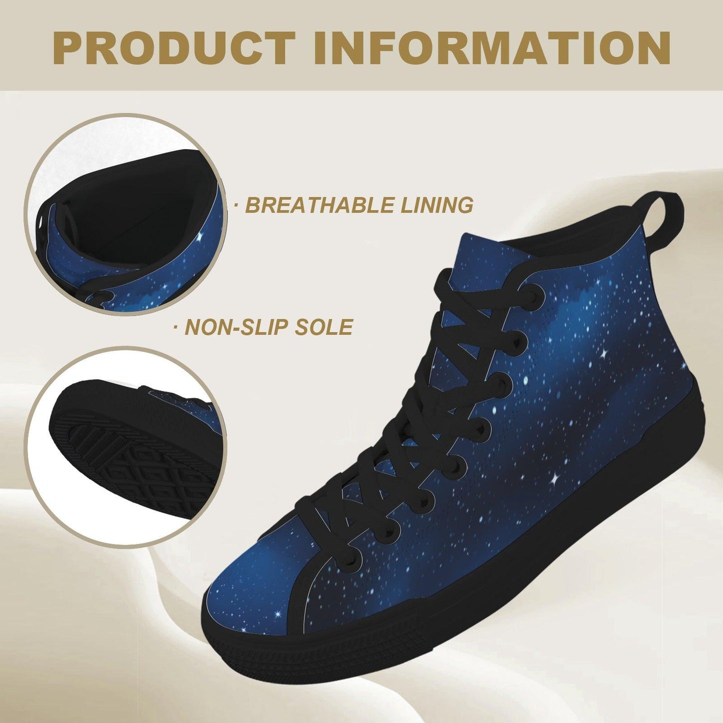 Celestial High Top Sneakers, Blue Galaxy Print Lace Up Shoes, Cosmic Space Canvas Style
