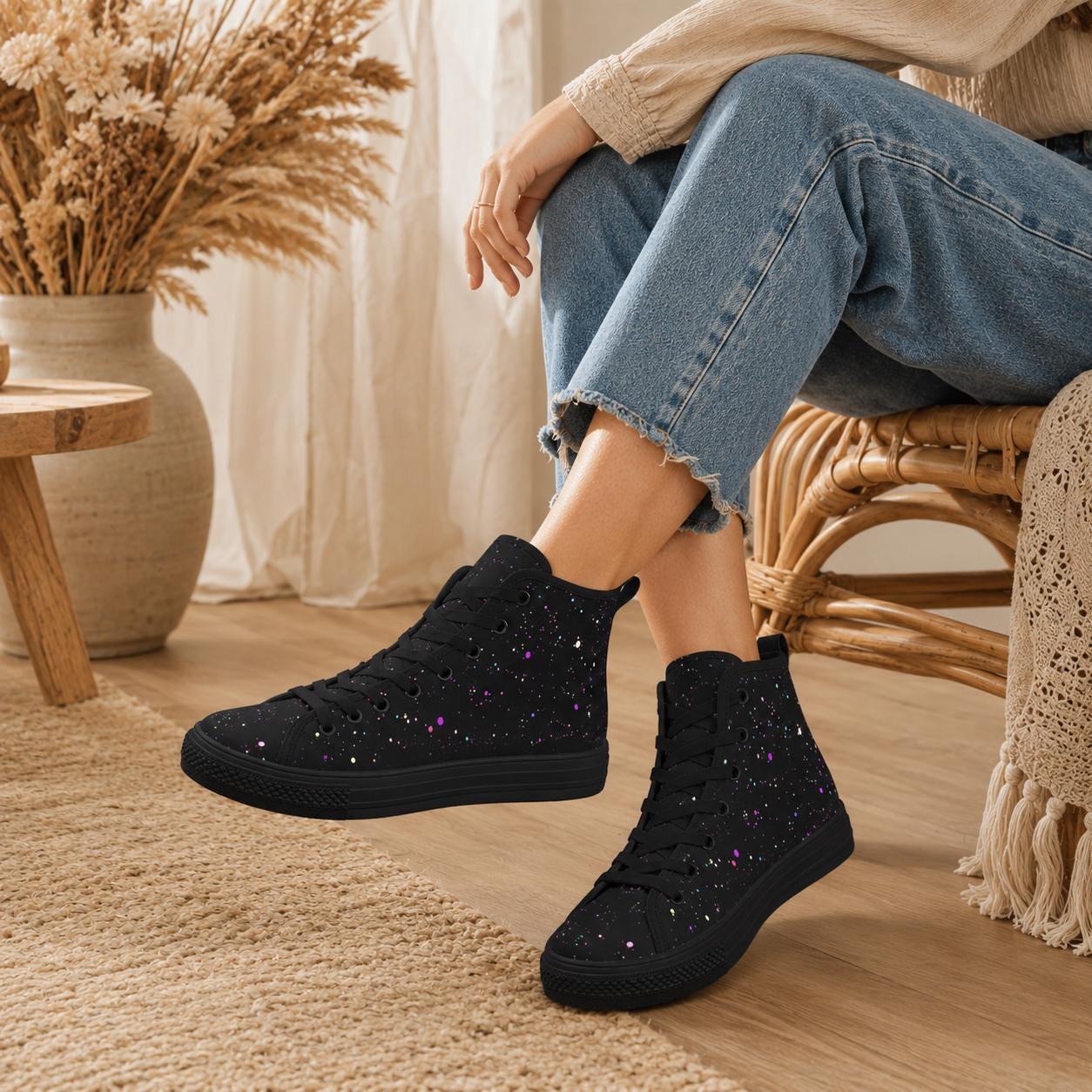 Black Galaxy High Top Canvas Sneakers, Celestial Paint Splatter Street Shoes